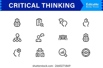 Symbolsatz für kritisches Denken mit Brainstorming-, Problemlösungs-, Logik- und Analysesymbolen im Vektorstil