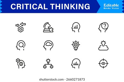 Conjunto de ícones de pensamento crítico com brainstorming, resolução de problemas, lógica e símbolos de análise em estilo de vetor
