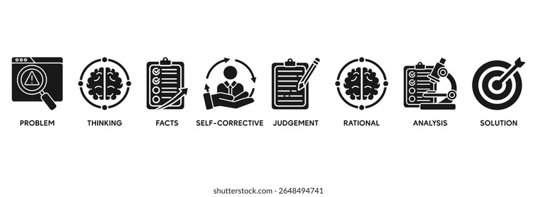 O conceito de ilustração vetorial do conjunto de ícones do pensamento crítico relaciona-se à identificação, vieses, relevância, curiosidade, pesquisa, inferência, processo, racionalidade