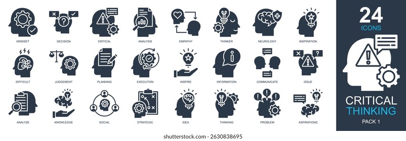Critical Thinking Icons set vector illustration. Containing mindset, critical, empathy, thinking, decision and more. Simple glyph icons collection.