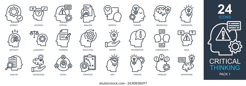 Critical Thinking Icons set vector illustration. Containing mindset, critical, empathy, thinking, decision and more. Simple outline icons collection.