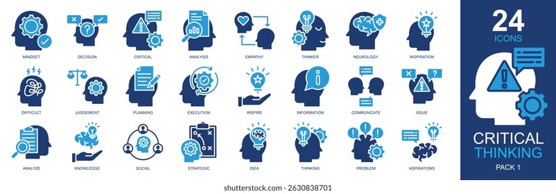 Critical Thinking Icons set vector illustration. Containing mindset, critical, empathy, thinking, decision and more. Simple solid icons collection.