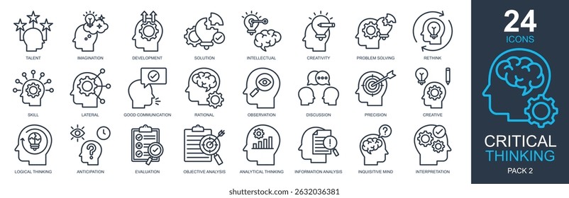 Os ícones de pensamento crítico definem a ilustração vetorial. Contendo imaginação, intelectual, criatividade, discussão, pensamento lógico e muito mais. Coleção de ícones de estrutura de tópicos simples.Critical Thinking Icons set ve