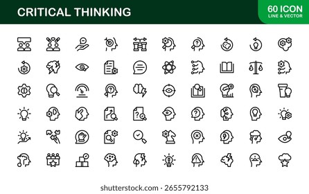 Critical Thinking Icons Vetor Set - Mentalidade Criativa, Resolução de Problemas, Lógica, Inovação, Tomada de Decisão, Ideias Conceito Linha Ilustrações