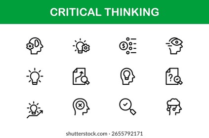 Conjunto de Vectores de íconos de pensamiento crítico: mentalidad creativa, resolución de problemas, lógica, innovación, toma de decisiones, línea de concepto de idea Ilustraciones
