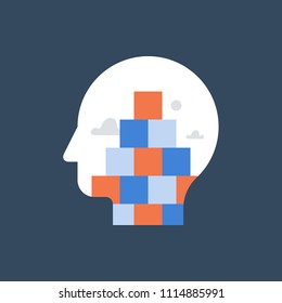 Critical thinking, knowledge acquisition, personal traits, perfection and idealistic, rational behavior, simple solution, psychotherapy concept, mental order, memory palace, vector flat icon