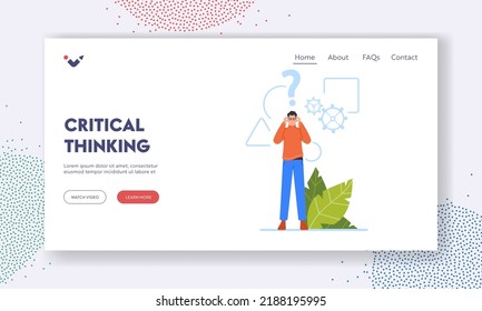 Critical Thinking Landing Page Template. Male Character in Glasses with Geometrical Shapes, Cogwheels and Question Mark over Head. Man Analytic Geek Think Process. Cartoon People Vector Illustration