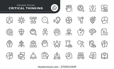 Conjunto de iconos de línea de pensamiento crítico. Lógica, pensamiento, solución, idea, poder cerebral, hecho, problema, análisis, comprensión, propósito, inteligencia. Icono de contorno en estilo lineal. colección de Vector.	

