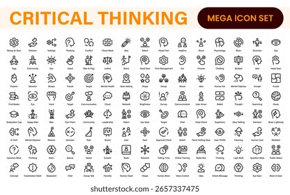 Iconos de línea de pensamiento crítico: Analyze, Reason, Decide. Solución de problemas, lógica, hechos, mente racional, toma de decisiones, estrategia, Colección, proceso de pensamiento y más.
