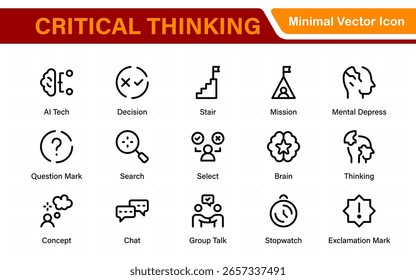 Iconos de línea de pensamiento crítico: Analyze, Reason, Decide. Solución de problemas, lógica, hechos, mente racional, toma de decisiones, estrategia, Colección, proceso de pensamiento y más.