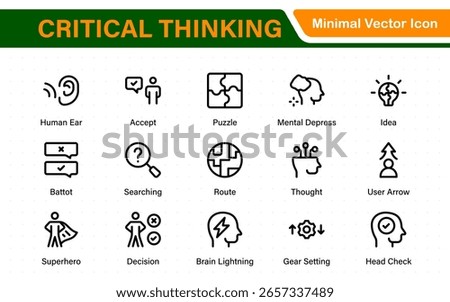 Critical Thinking Line Icons: Analyze, Reason, Decide. Problem-Solving, Logic, Facts, Rational Mind, Decision Making, Strategy, Collection, Thought Process, and more.