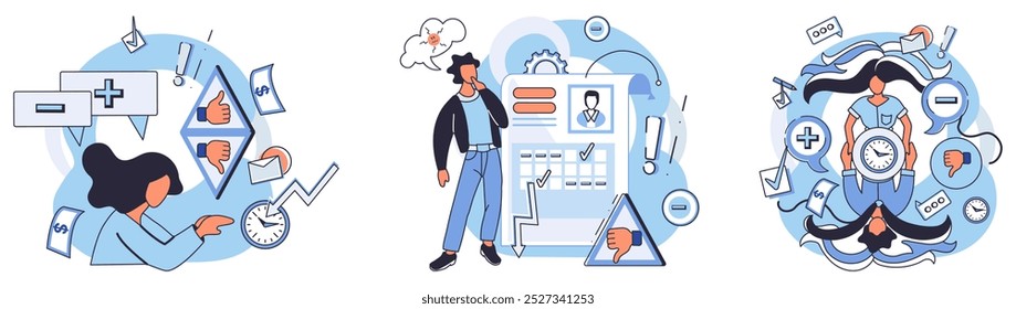 Critical thinking. Main elements include a person analyzing data with charts and clocks, an individual in an office setting with documents, and multitasking scenes. Ideal for time management