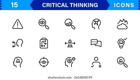 Critical Thinking Mastery For Modern Creatives line icon set – modern minimal outline symbols for analysis, reasoning, innovation, decision making, strategy