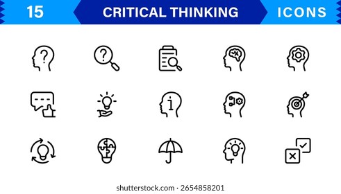Critical Thinking Mastery For Modern Creatives line icon set – modern minimal outline symbols for analysis, reasoning, innovation, decision making, strategy