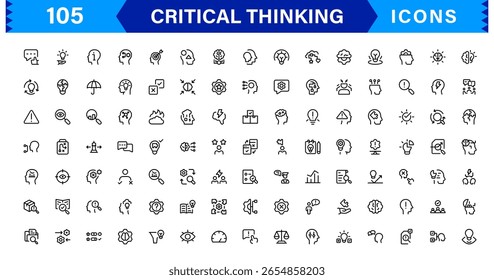 Critical Thinking Mastery For Modern Creatives line icon set – modern minimal outline symbols for analysis, reasoning, innovation, decision making, strategy