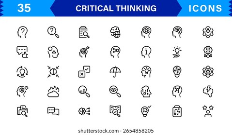Critical Thinking Mastery For Modern Creatives line icon set – modern minimal outline symbols for analysis, reasoning, innovation, decision making, strategy
