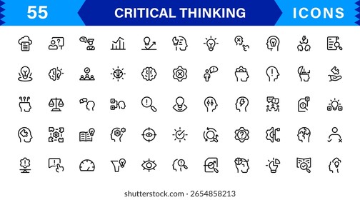 Critical Thinking Mastery For Modern Creatives line icon set – modern minimal outline symbols for analysis, reasoning, innovation, decision making, strategy
