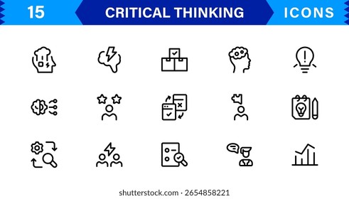 Critical Thinking Mastery For Modern Creatives line icon set – modern minimal outline symbols for analysis, reasoning, innovation, decision making, strategy