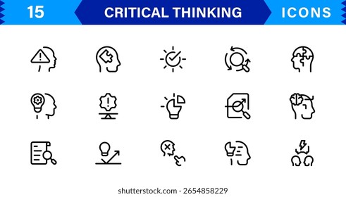 Critical Thinking Mastery For Modern Creatives line icon set – modern minimal outline symbols for analysis, reasoning, innovation, decision making, strategy