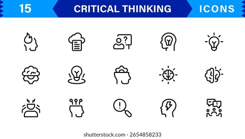 Critical Thinking Mastery For Modern Creatives line icon set – modern minimal outline symbols for analysis, reasoning, innovation, decision making, strategy
