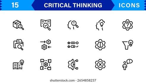Critical Thinking Mastery For Modern Creatives line icon set – modern minimal outline symbols for analysis, reasoning, innovation, decision making, strategy