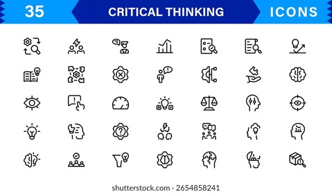 Critical Thinking Mastery For Modern Creatives line icon set – modern minimal outline symbols for analysis, reasoning, innovation, decision making, strategy