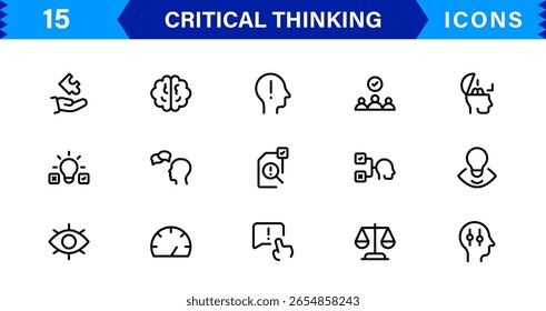 Critical Thinking Mastery For Modern Creatives Line Icon Set - moderne Minimal-Skizzen für Analyse, Argumentation, Innovation, Entscheidungsfindung, Strategie