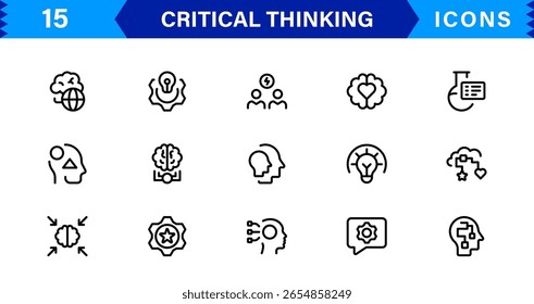 Critical Thinking Mastery For Modern Creatives line icon set – modern minimal outline symbols for analysis, reasoning, innovation, decision making, strategy
