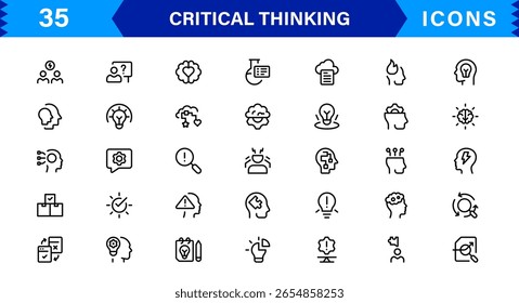 Critical Thinking Mastery For Modern Creatives line icon set – modern minimal outline symbols for analysis, reasoning, innovation, decision making, strategy
