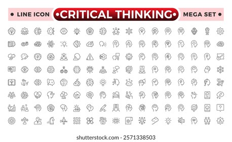 Critical thinking outline icon set. Containing think, problem-solving, analysis, reasoning, evaluation, experience, research, logic and listening icons.
