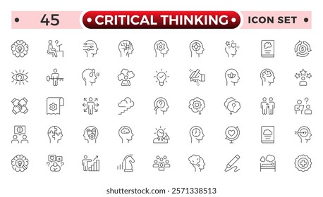 Critical thinking outline icon set. Containing think, problem-solving, analysis, reasoning, evaluation, experience, research, logic and listening icons.
