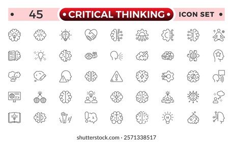 Critical thinking outline icon set. Containing think, problem-solving, analysis, reasoning, evaluation, experience, research, logic and listening icons.
