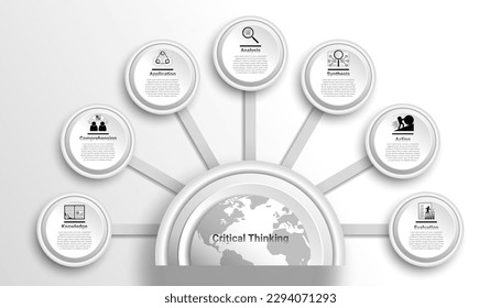 Critical thinking patterns are shown in a circle-shaped vector infographic diagram. seven designs in black and white with icons and a semicircle globe in the middle.