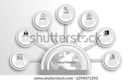 Critical thinking patterns are shown in a circle-shaped vector infographic diagram. seven designs in black and white with icons and a semicircle globe in the middle.