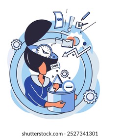Critical thinking. Person with an open head containing various symbols like money, clock, light bulb, and gears. Ideal for education, productivity, innovation, problem-solving, and time management