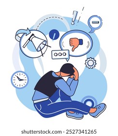 Critical thinking. A person sits with their head in their hands, surrounded by various stressful symbols such as gears, exclamation marks, a clock, and a thumbs-down sign. Ideal for stress