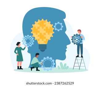 Critical thinking for problem solving vector illustration. Cartoon tiny people work with gears and light bulb from puzzle pieces in abstract head, innovation critic skill to find creative solution