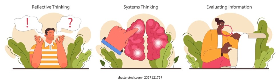 Critical thinking skill set. Strategic decision-making, brainstorming and solution research. Self-development for career growth. Flat vector illustration