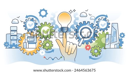 Critical thinking skills for effective work solution outline hands concept. Innovation and discovery for productive business development vector illustration. Analyze, interpret and make a judgment.