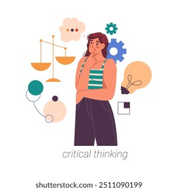 Critical thinking soft skill of woman. Vector flat cartoon character choosing and analyzing details. Employee qualities and personality traits to help cope with tasks and business development