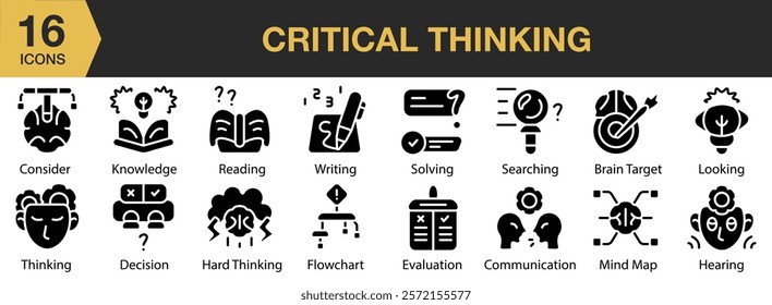 Critical Thinking solid icon set. Includes strategy, solution, innovation, creativity, idea, intelligence, and More. Solid icons vector collection.