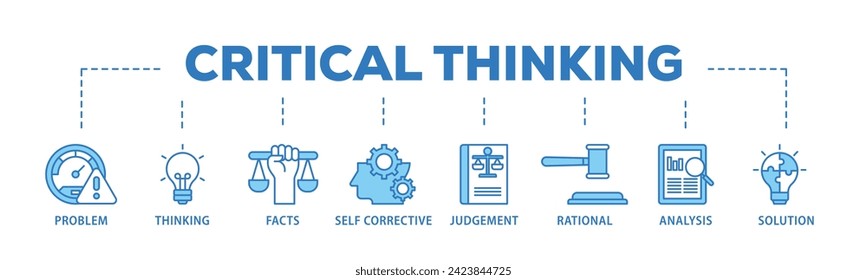 Critical thinking web banner icon vector illustration concept consists of solution, analysis, self corrective, rational, judgement, facts, thinking, problem icon live stroke and easy to edit