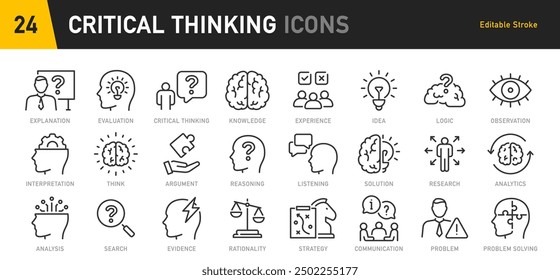 Critical thinking web icons in line style. Facts, think, analyzing, problem-solving, rational, decision making, collection. Vector illustration.	