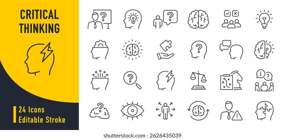 Critical thinking web icons in line style. Facts, think, analyzing, problem-solving, rational, decision making, collection. Vector illustration.	