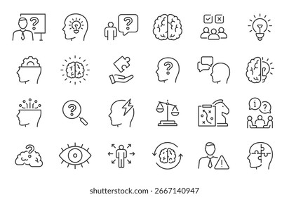 Kritisch denkende Web-Symbole im Linienstil. Fakten, Denken, Analysieren, Problemlösen, Rational, Entscheidungsfindung, Sammeln. Vektorgrafik.	
