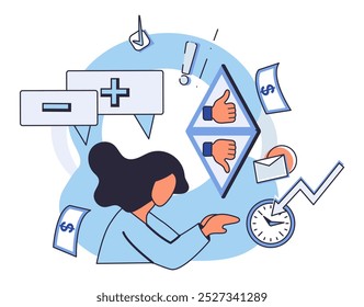 Critical thinking. Woman pointing at thumbs up and thumbs down icons symbolizing decision making and the weighing of pros and cons. Ideal for problem-solving, analytical skills, business decisions