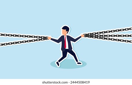 Critical weak link, single point of failure jeopardizing entire system, vulnerable spot to be wary, concept of Businessman struggles to juggle multiple chains to avert potential failure