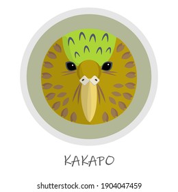 Critically endangered flightless  bird of New Zealand, kakapo (owl parrot). Stylized face of the bird. Vector illustration, icon