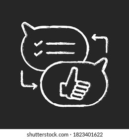 Criticism chalk white icon on black background. Communication skills, conversation. Opinions exchange, constructive criticism, feedback. Speech bubbles isolated vector chalkboard illustration