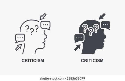 Criticism Pictogram. Frustrated Human, Angry Swear and Complain Silhouette and Line Icon Set. Critic Thinking, Intellectual Process, Critical Review Symbol Collection. Isolated Vector Illustration.